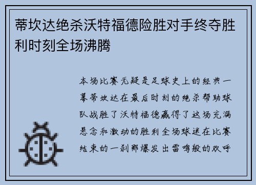 蒂坎达绝杀沃特福德险胜对手终夺胜利时刻全场沸腾