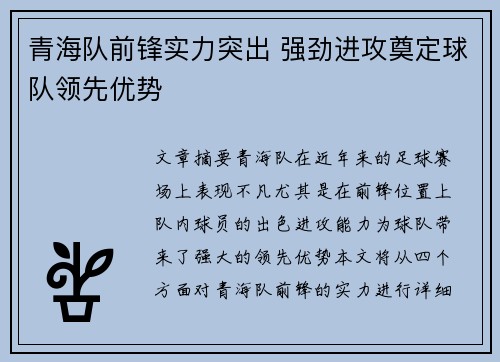 青海队前锋实力突出 强劲进攻奠定球队领先优势