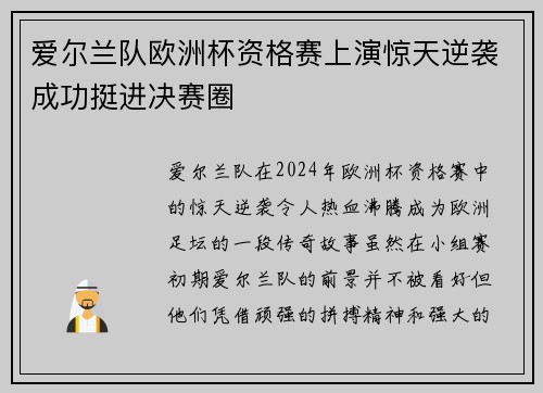 爱尔兰队欧洲杯资格赛上演惊天逆袭成功挺进决赛圈