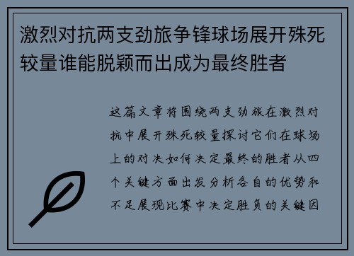 激烈对抗两支劲旅争锋球场展开殊死较量谁能脱颖而出成为最终胜者