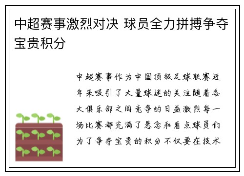 中超赛事激烈对决 球员全力拼搏争夺宝贵积分